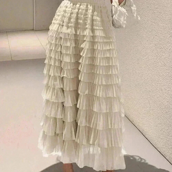 Khaki Boho Womens Solid Layer Ruffle Hem Mesh Skirt - Picture 3 of 5